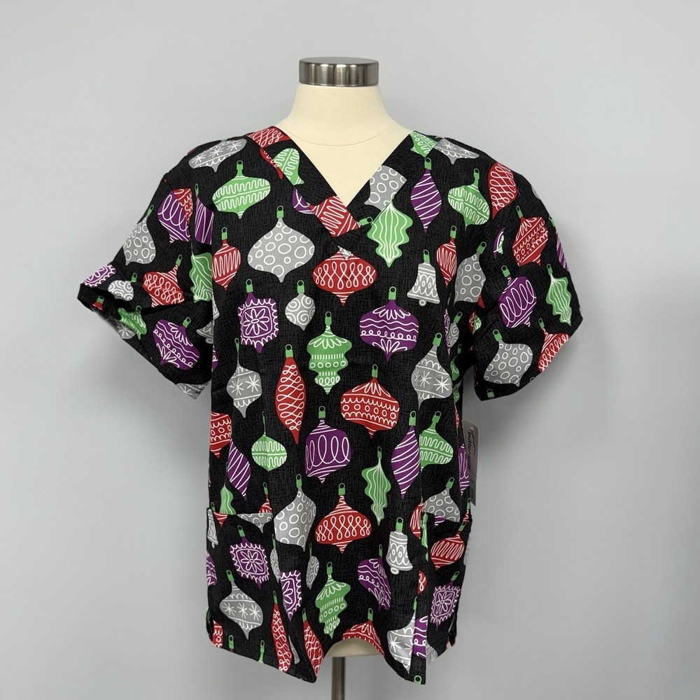 NWT Buttersoft Christmas Ornaments Scrub Top Plus 4X Black Holiday Cotton Scrubs